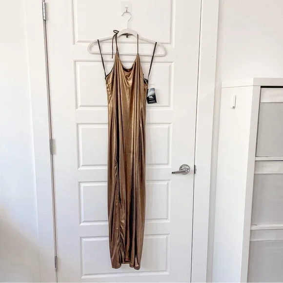 NEW NBD Bronze Metallix Maxi Dress Halter